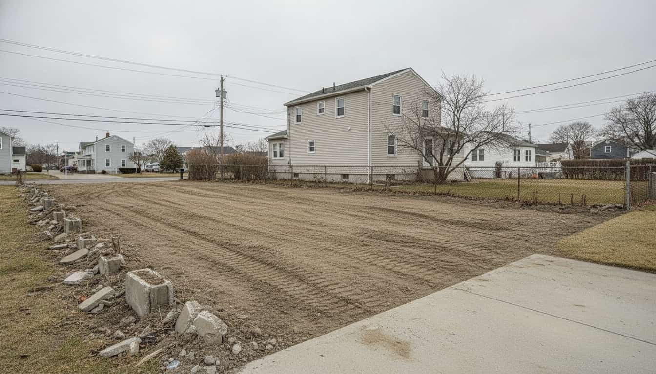 Level bare soil on a cleared lot, machine tracks across it, houses and fencing behind.