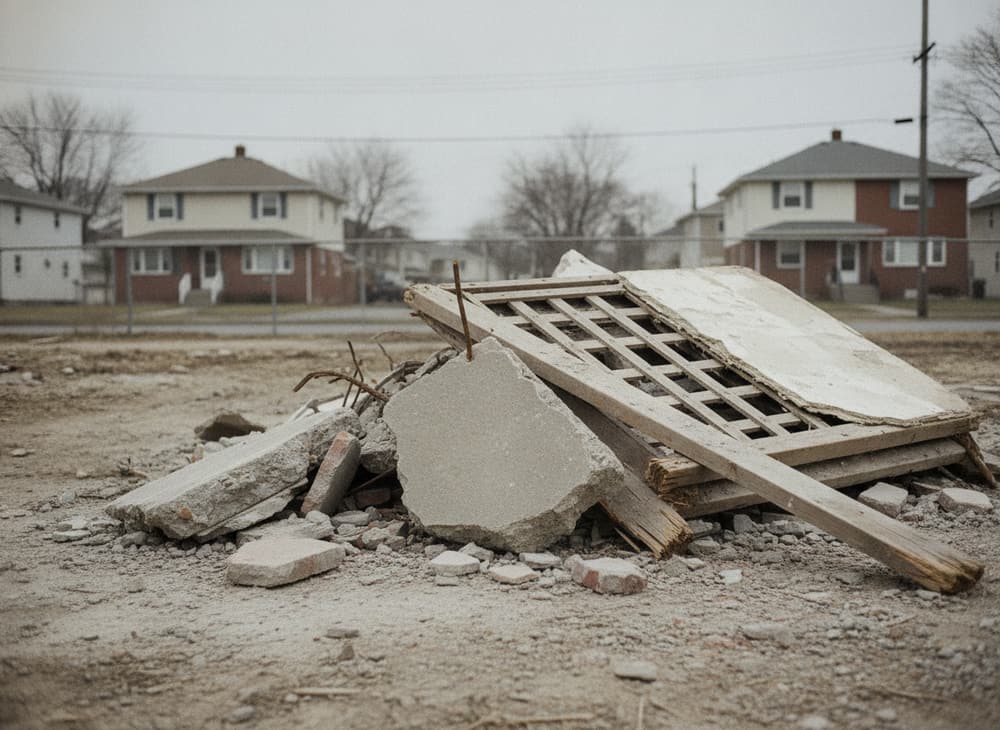 Broken concrete with rebar, weathered timber and lath-backed plaster on bare ground.