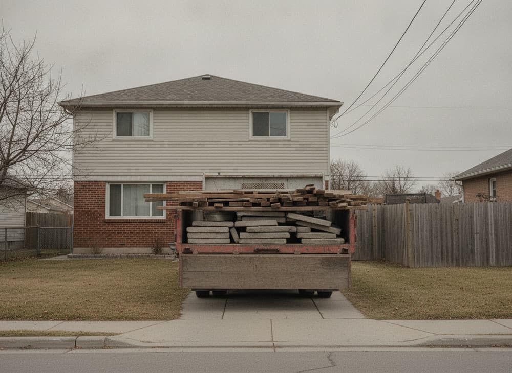 A flatbed truck loaded with stacked broken concrete and framing timber.