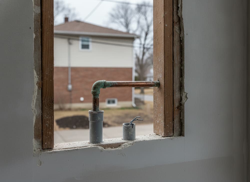A capped water line and a cut electrical conduit protruding from an opened stud wall.