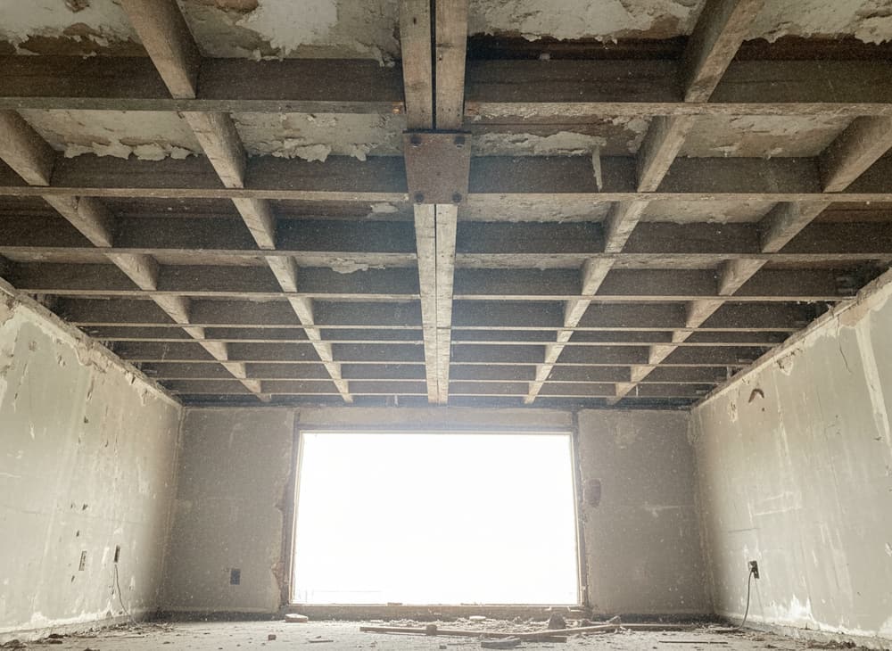 Exposed timber floor joists and a steel bearing plate seen from below inside a house.