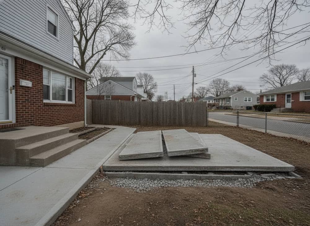 A broken garage apron and front steps, slabs lifted on edge, stone base exposed beneath