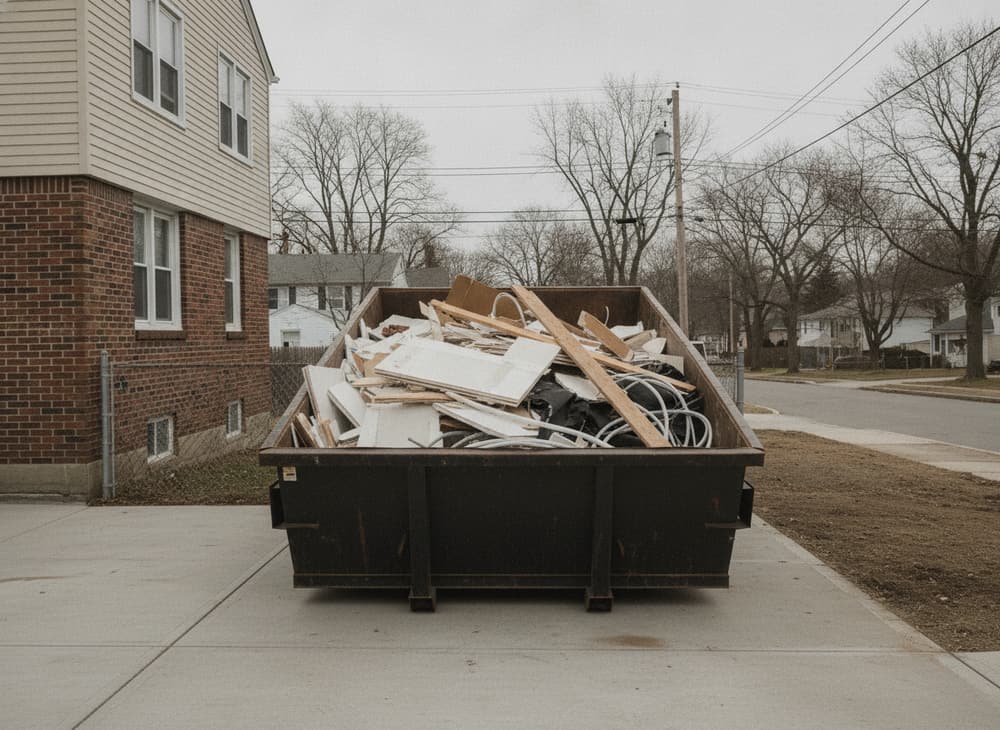 An open roll-off container of mixed demolition debris on a residential driveway.