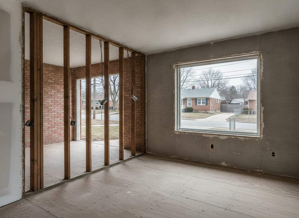 A room stripped back to bare studs and subfloor, drywall removed, wiring left clear.