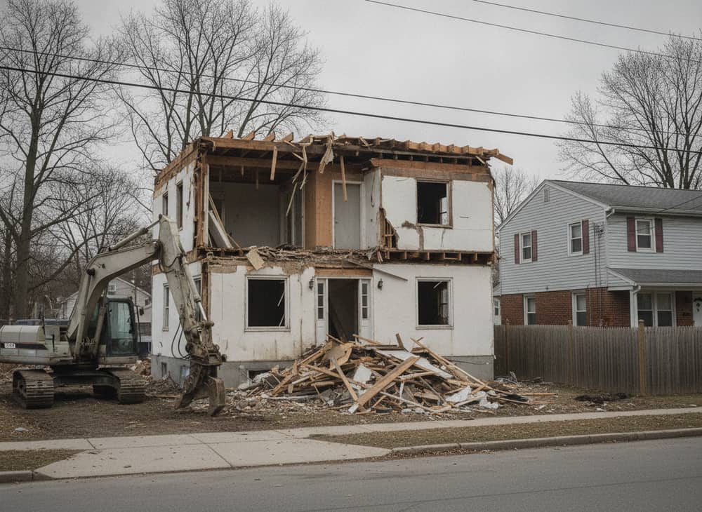 A detached two-story house part-demolished from the top down, debris contained at its base.