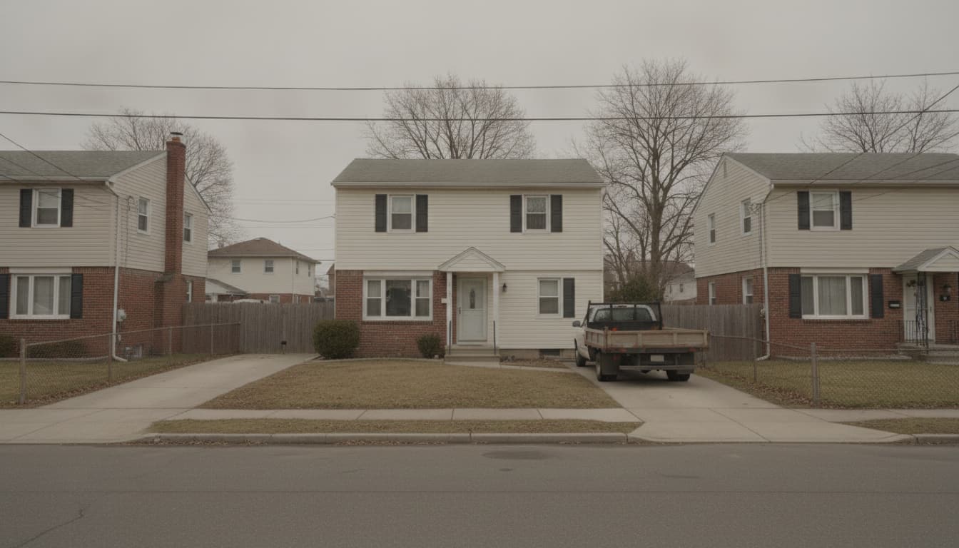 A quiet residential street of detached houses and driveways under an overcast sky.