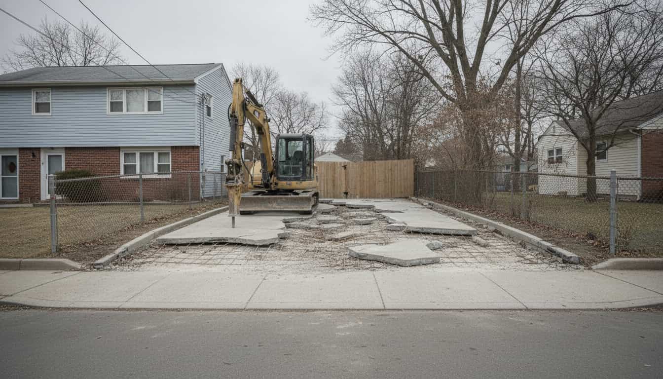 A residential driveway broken into slabs, reinforcing mesh showing, an unmarked excavator behind