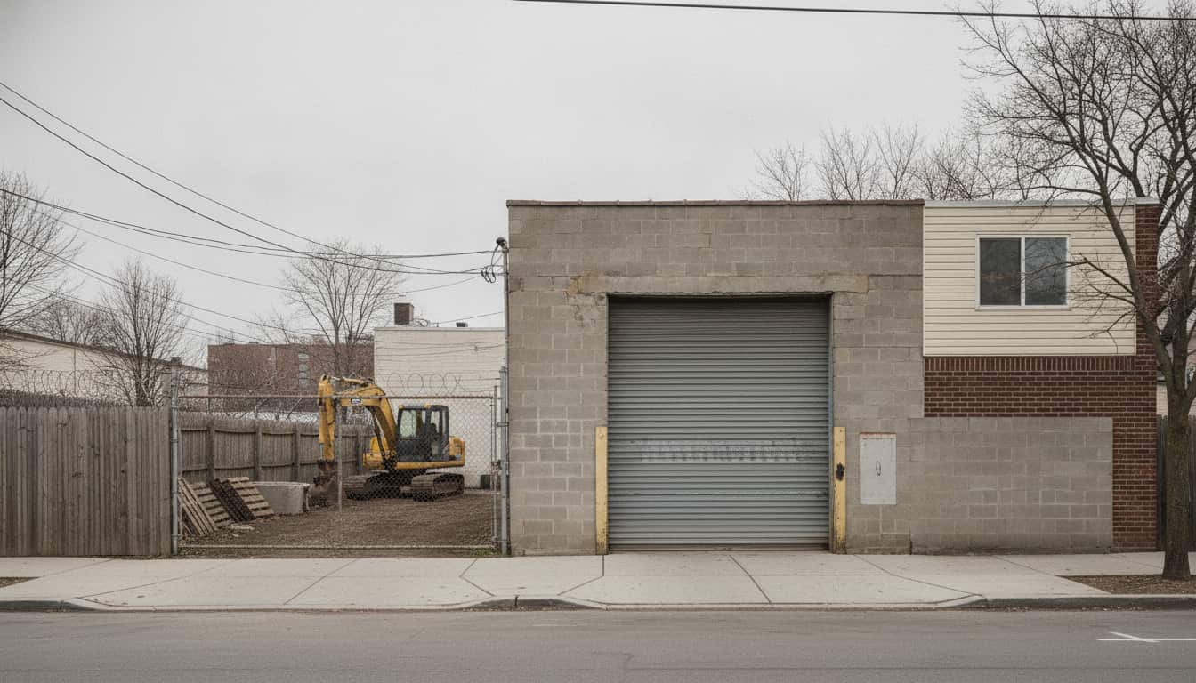 A plain roller-shutter frontage on a low brick working yard building under overcast light.