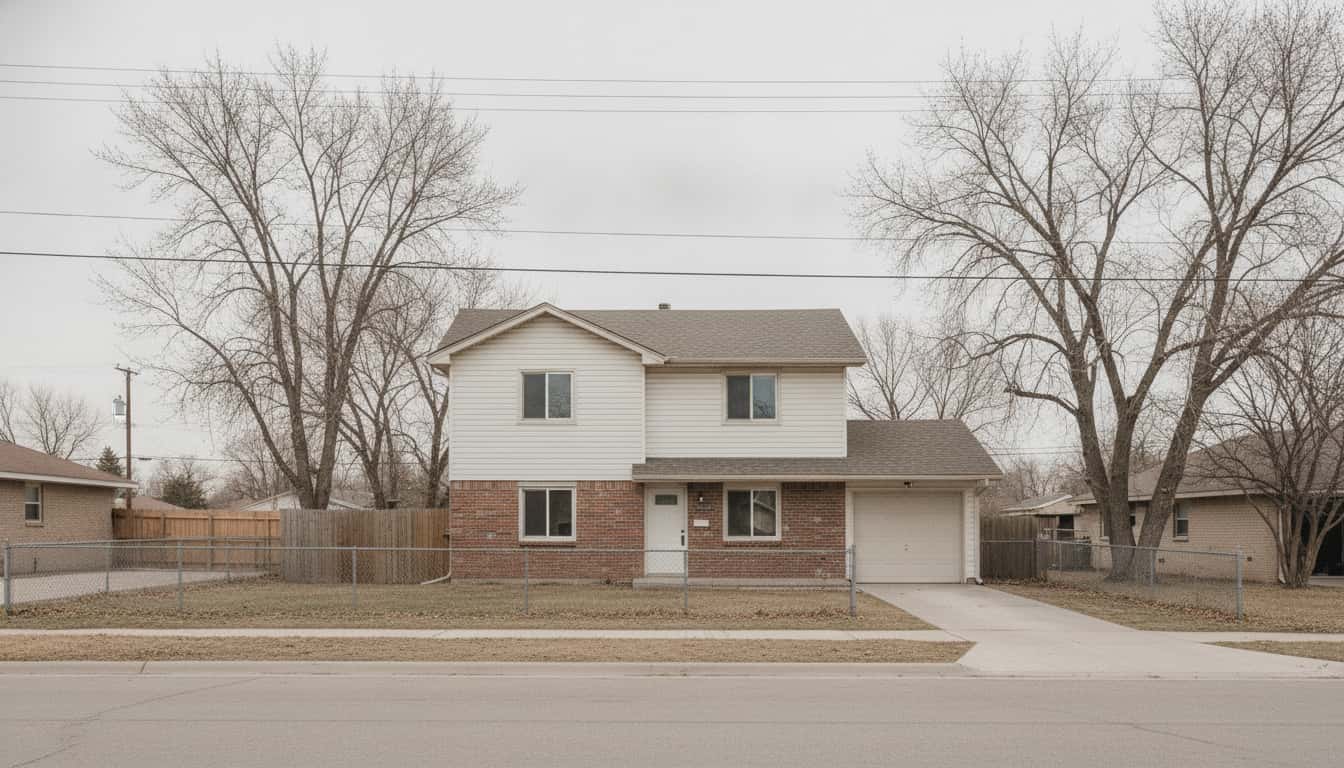 A detached two-storey house standing intact on its own lot, driveway one side and boundary the other