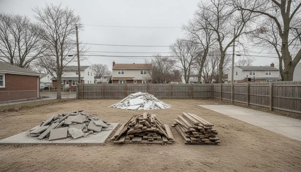 Sorted piles of concrete, timber and plaster staged for loading in a cleared rear yard.