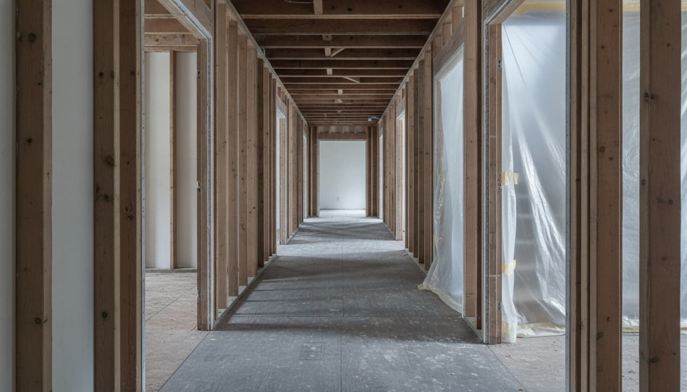 A hallway stripped back to studs and ceiling joists, floors boarded for protection.