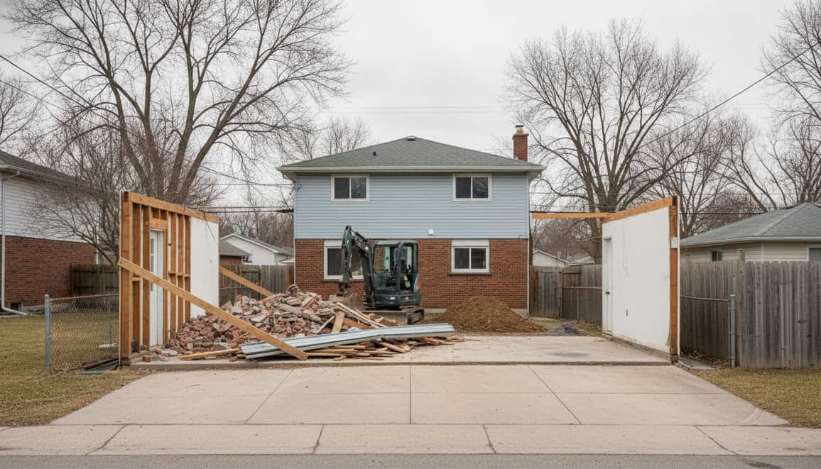 Two braced wall sections left standing over broken brick and timber, a tracked excavator behind.