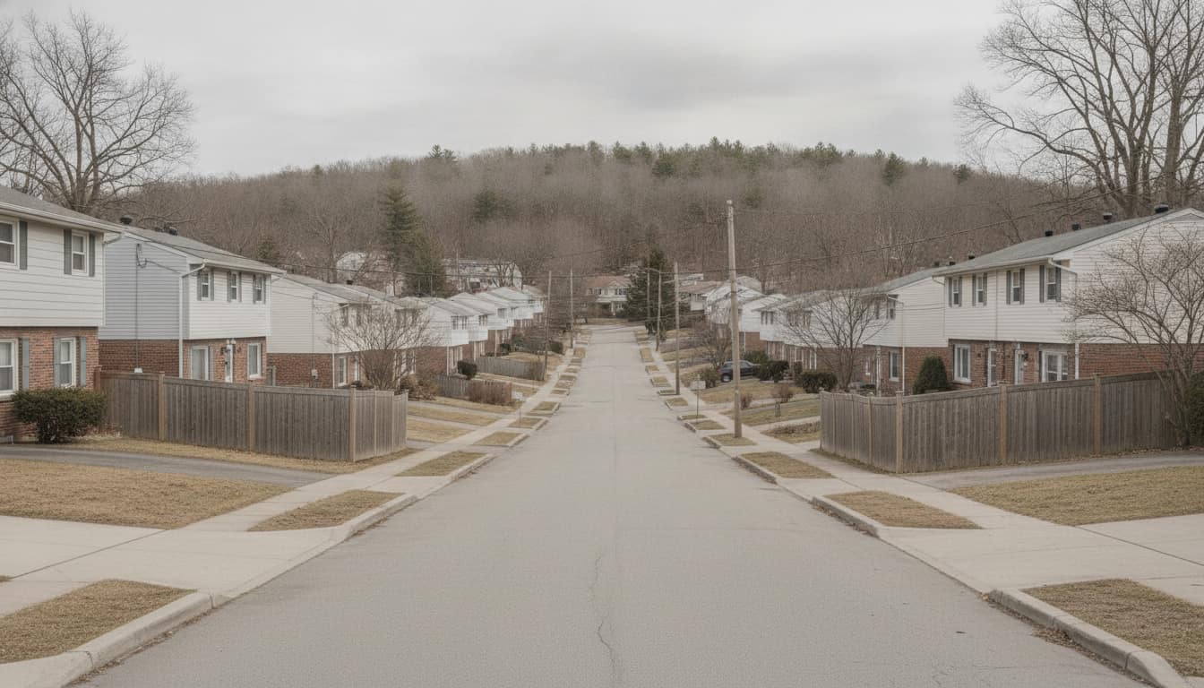 A suburban street of semi-attached houses rising toward wooded high ground under an overcast sky